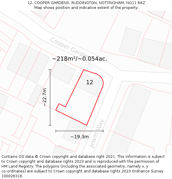 12, COOPER GARDENS, RUDDINGTON, NOTTINGHAM, NG11 6AZ: Plot and title map