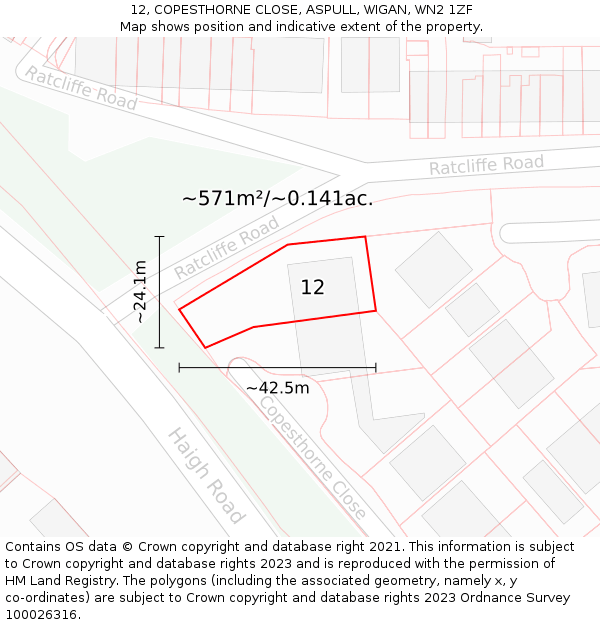 12, COPESTHORNE CLOSE, ASPULL, WIGAN, WN2 1ZF: Plot and title map