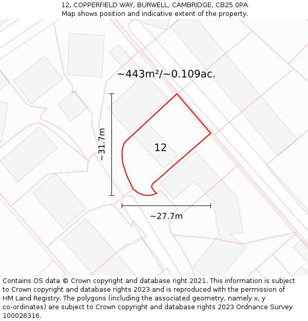 12, COPPERFIELD WAY, BURWELL, CAMBRIDGE, CB25 0PA: Plot and title map