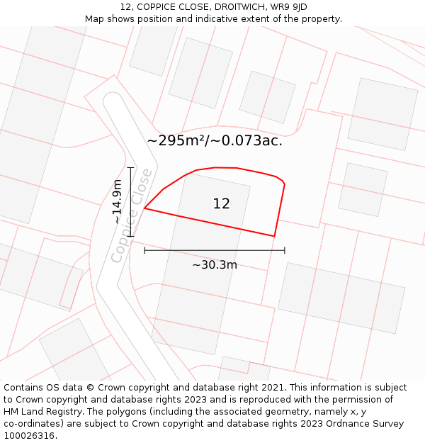 12, COPPICE CLOSE, DROITWICH, WR9 9JD: Plot and title map