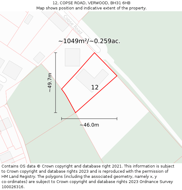 12, COPSE ROAD, VERWOOD, BH31 6HB: Plot and title map