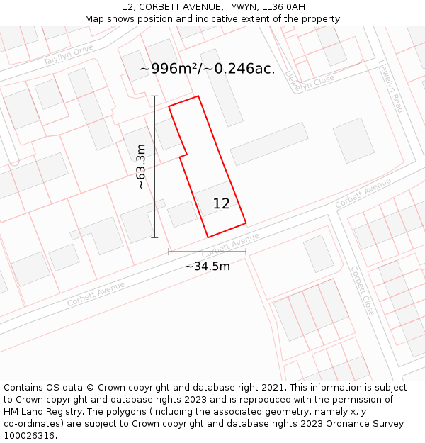 12, CORBETT AVENUE, TYWYN, LL36 0AH: Plot and title map