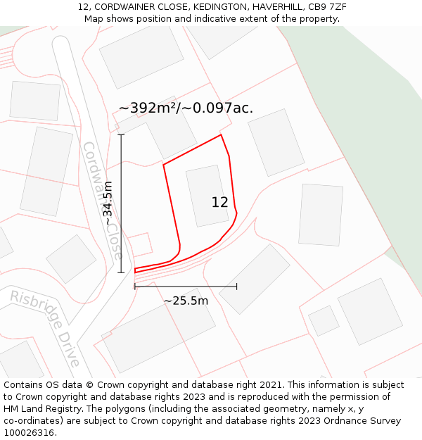 12, CORDWAINER CLOSE, KEDINGTON, HAVERHILL, CB9 7ZF: Plot and title map