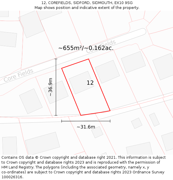 12, COREFIELDS, SIDFORD, SIDMOUTH, EX10 9SG: Plot and title map