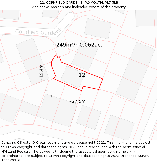 12, CORNFIELD GARDENS, PLYMOUTH, PL7 5LB: Plot and title map