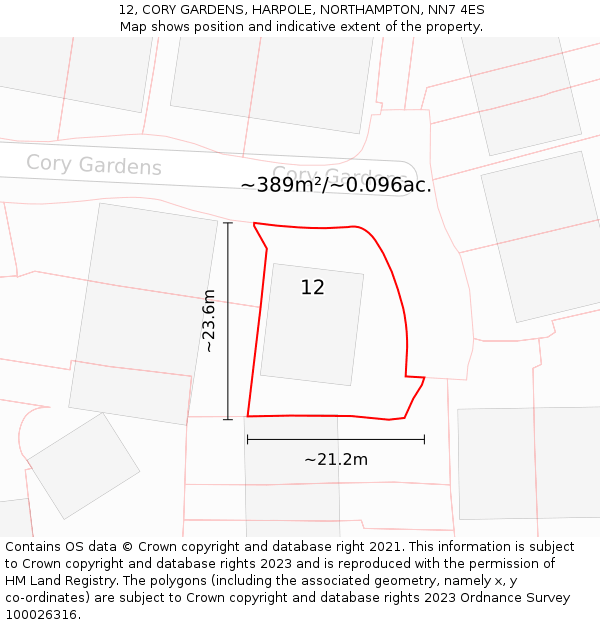 12, CORY GARDENS, HARPOLE, NORTHAMPTON, NN7 4ES: Plot and title map