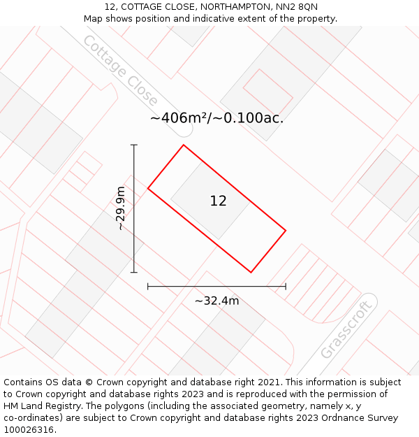 12, COTTAGE CLOSE, NORTHAMPTON, NN2 8QN: Plot and title map