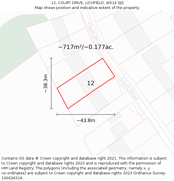 12, COURT DRIVE, LICHFIELD, WS14 0JG: Plot and title map