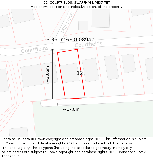 12, COURTFIELDS, SWAFFHAM, PE37 7ET: Plot and title map