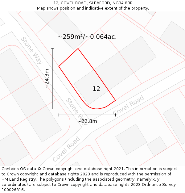 12, COVEL ROAD, SLEAFORD, NG34 8BP: Plot and title map