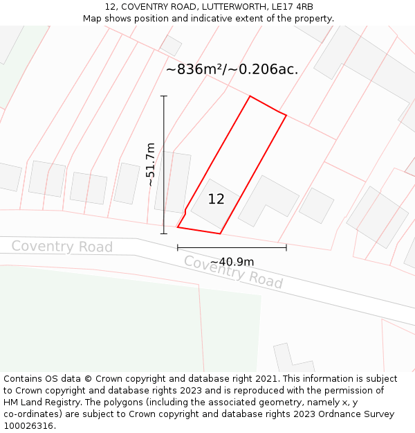 12, COVENTRY ROAD, LUTTERWORTH, LE17 4RB: Plot and title map