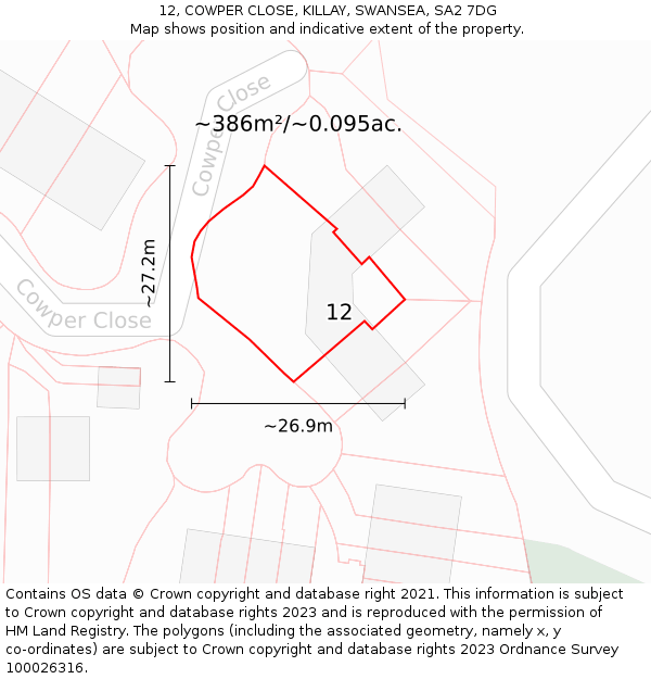 12, COWPER CLOSE, KILLAY, SWANSEA, SA2 7DG: Plot and title map