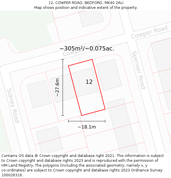 12, COWPER ROAD, BEDFORD, MK40 2AU: Plot and title map