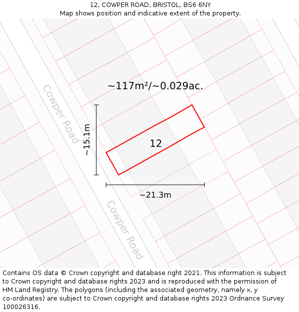 12, COWPER ROAD, BRISTOL, BS6 6NY: Plot and title map