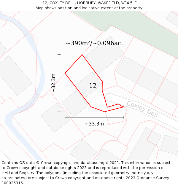 12, COXLEY DELL, HORBURY, WAKEFIELD, WF4 5LF: Plot and title map