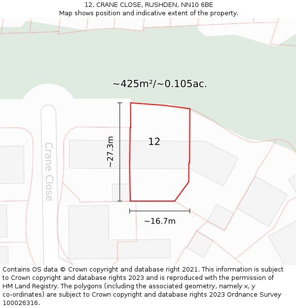 12, CRANE CLOSE, RUSHDEN, NN10 6BE: Plot and title map