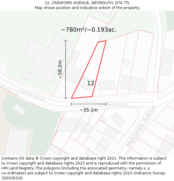 12, CRANFORD AVENUE, WEYMOUTH, DT4 7TL: Plot and title map