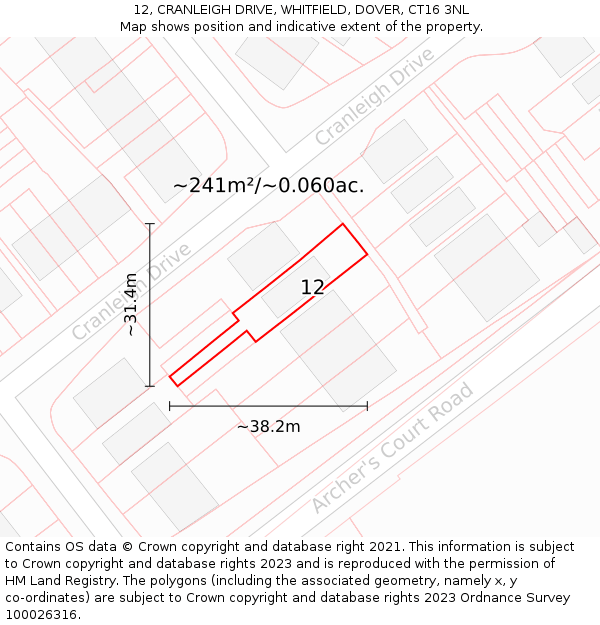 12, CRANLEIGH DRIVE, WHITFIELD, DOVER, CT16 3NL: Plot and title map