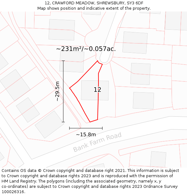 12, CRAWFORD MEADOW, SHREWSBURY, SY3 6DF: Plot and title map