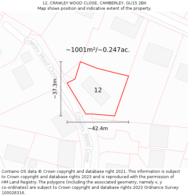 12, CRAWLEY WOOD CLOSE, CAMBERLEY, GU15 2BX: Plot and title map