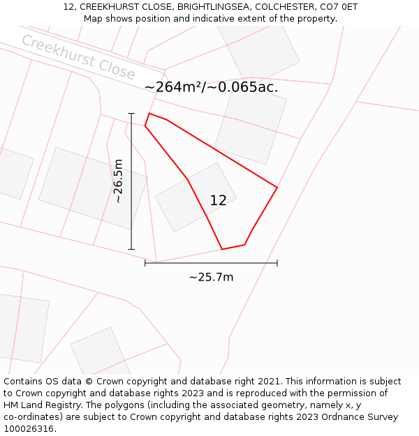 12, CREEKHURST CLOSE, BRIGHTLINGSEA, COLCHESTER, CO7 0ET: Plot and title map