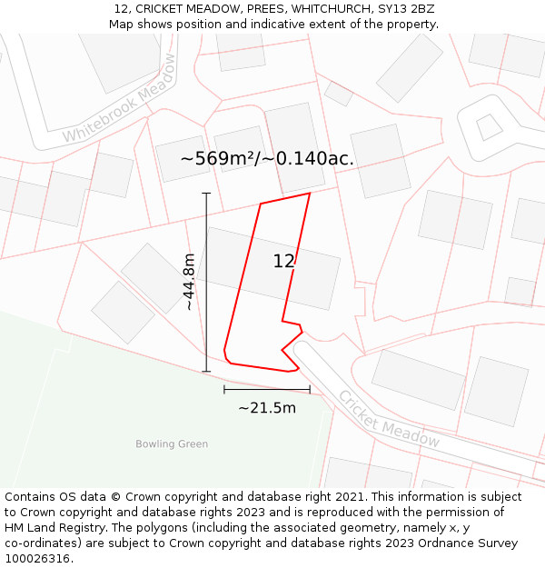 12, CRICKET MEADOW, PREES, WHITCHURCH, SY13 2BZ: Plot and title map