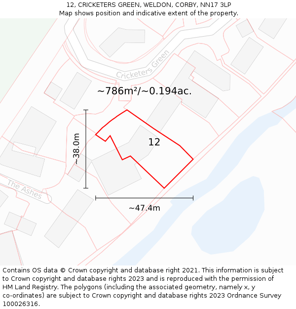 12, CRICKETERS GREEN, WELDON, CORBY, NN17 3LP: Plot and title map