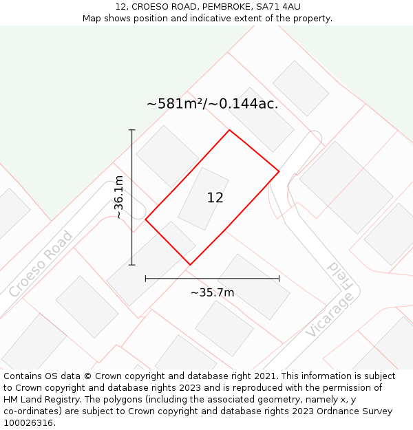 12, CROESO ROAD, PEMBROKE, SA71 4AU: Plot and title map