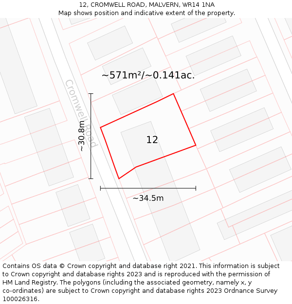 12, CROMWELL ROAD, MALVERN, WR14 1NA: Plot and title map