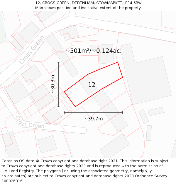 12, CROSS GREEN, DEBENHAM, STOWMARKET, IP14 6RW: Plot and title map