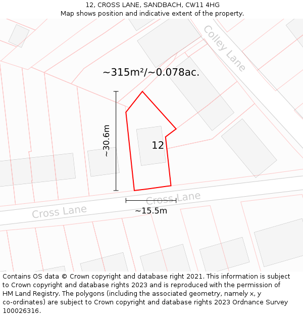 12, CROSS LANE, SANDBACH, CW11 4HG: Plot and title map