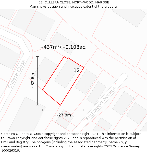 12, CULLERA CLOSE, NORTHWOOD, HA6 3SE: Plot and title map