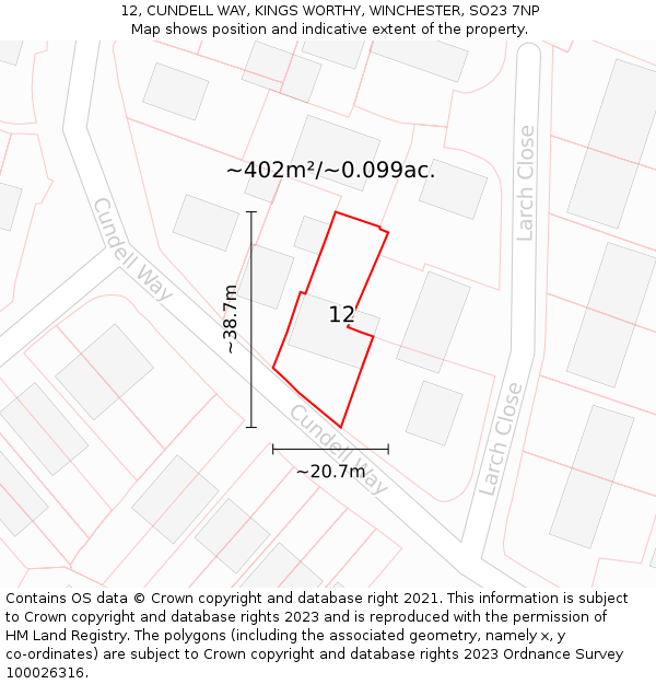 12, CUNDELL WAY, KINGS WORTHY, WINCHESTER, SO23 7NP: Plot and title map