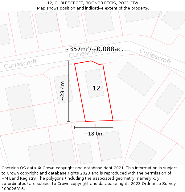 12, CURLESCROFT, BOGNOR REGIS, PO21 3TW: Plot and title map