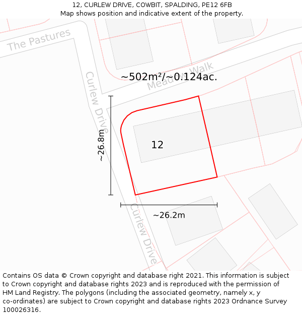 12, CURLEW DRIVE, COWBIT, SPALDING, PE12 6FB: Plot and title map