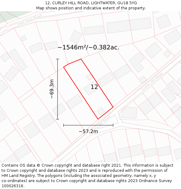 12, CURLEY HILL ROAD, LIGHTWATER, GU18 5YG: Plot and title map