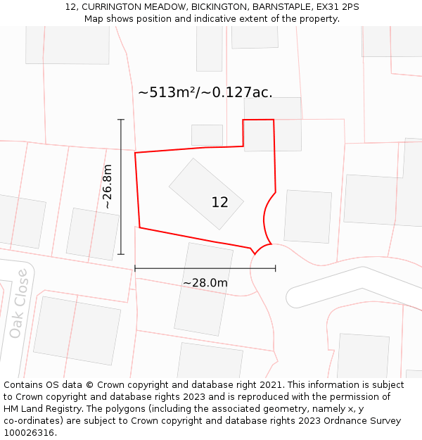 12, CURRINGTON MEADOW, BICKINGTON, BARNSTAPLE, EX31 2PS: Plot and title map