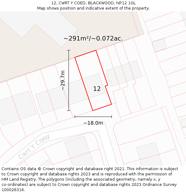 12, CWRT Y COED, BLACKWOOD, NP12 1GL: Plot and title map