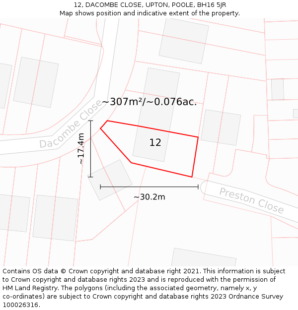 12, DACOMBE CLOSE, UPTON, POOLE, BH16 5JR: Plot and title map