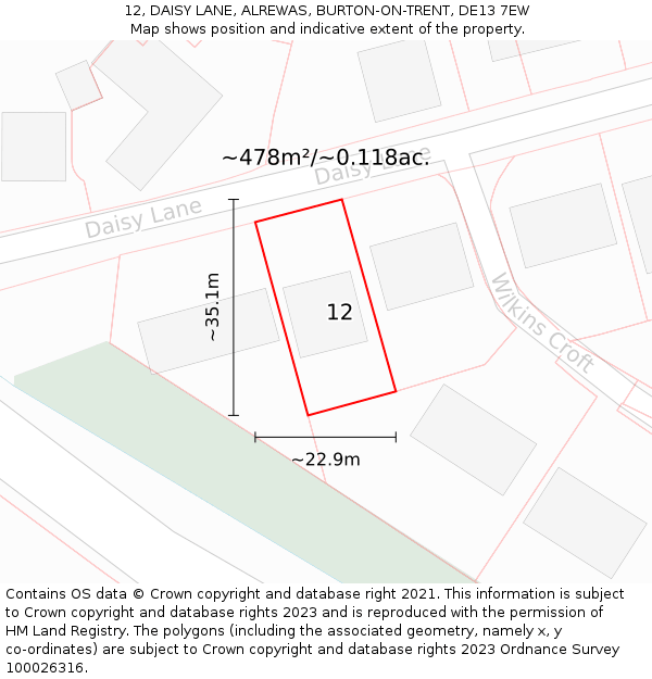 12, DAISY LANE, ALREWAS, BURTON-ON-TRENT, DE13 7EW: Plot and title map