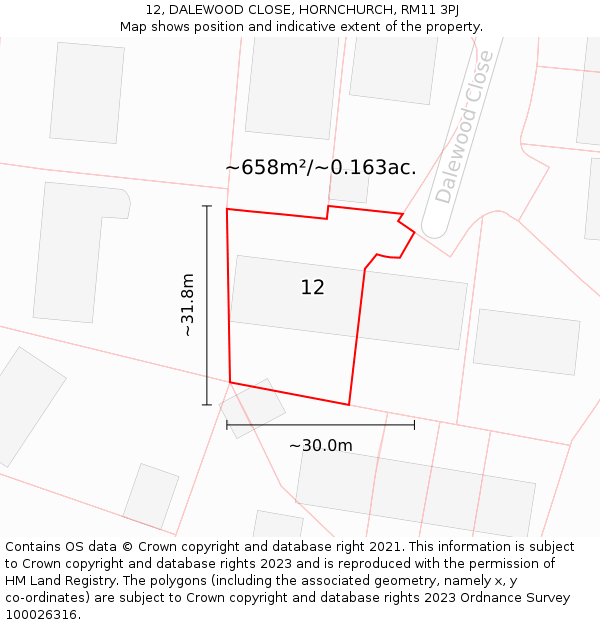 12, DALEWOOD CLOSE, HORNCHURCH, RM11 3PJ: Plot and title map