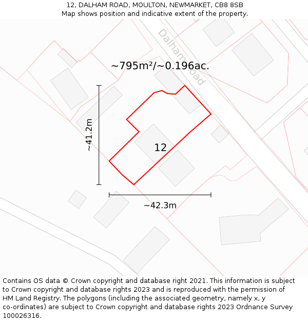 12, DALHAM ROAD, MOULTON, NEWMARKET, CB8 8SB: Plot and title map