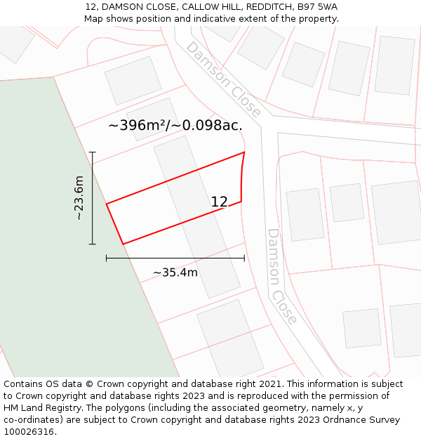 12, DAMSON CLOSE, CALLOW HILL, REDDITCH, B97 5WA: Plot and title map