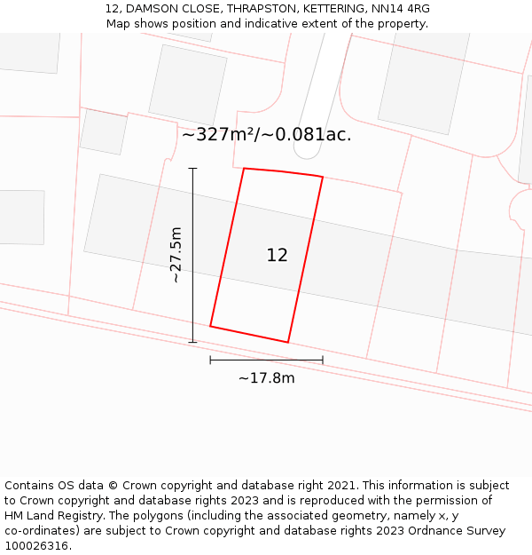 12, DAMSON CLOSE, THRAPSTON, KETTERING, NN14 4RG: Plot and title map