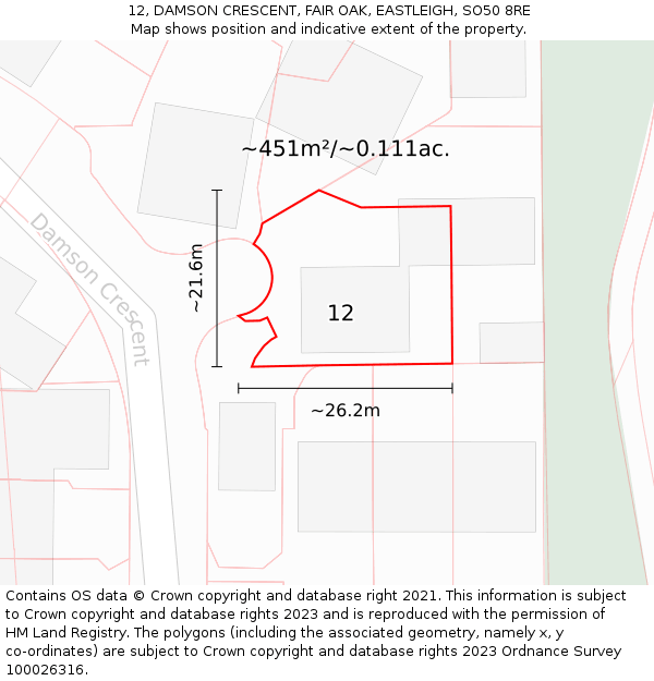 12, DAMSON CRESCENT, FAIR OAK, EASTLEIGH, SO50 8RE: Plot and title map