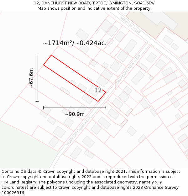 12, DANEHURST NEW ROAD, TIPTOE, LYMINGTON, SO41 6FW: Plot and title map