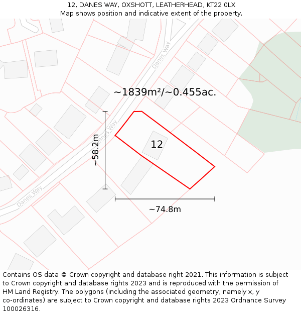 12, DANES WAY, OXSHOTT, LEATHERHEAD, KT22 0LX: Plot and title map