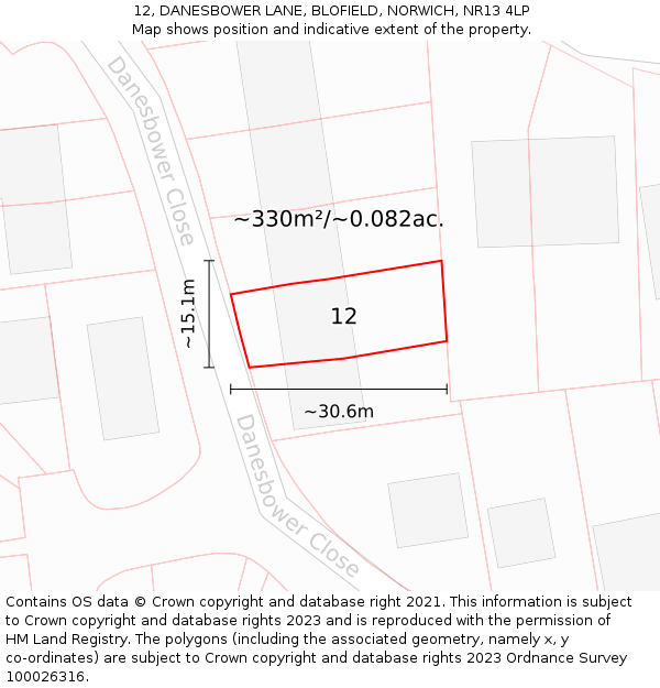 12, DANESBOWER LANE, BLOFIELD, NORWICH, NR13 4LP: Plot and title map