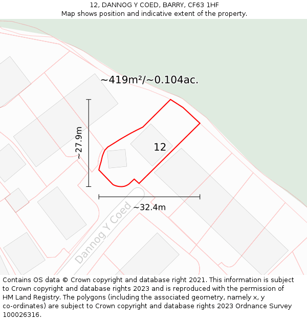 12, DANNOG Y COED, BARRY, CF63 1HF: Plot and title map