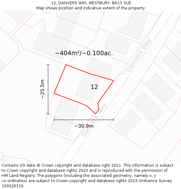 12, DANVERS WAY, WESTBURY, BA13 3UE: Plot and title map